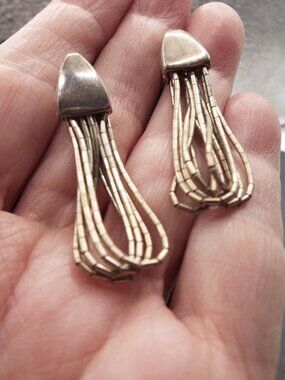 SHUBE NATIVE AMERICAN INSPIRED STERLING LIQUID SILVER LONG DANGLING EARRINGS 40B